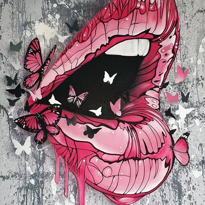 canvas painting of a pink mouth kissing with butterflies by tech moon